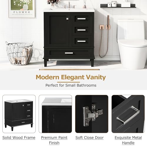 Linique 30" Modern Bathroom Vanity with Sink Combo Set, Solid Wood Frame Bathroom Storage Cabinet with a Soft Closing Door and 3 Drawers, Black - color: Black, size: 30"/ Door without Organizer
