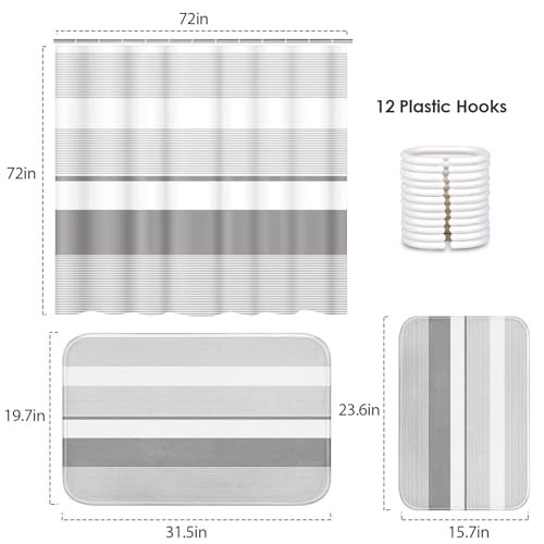 ArtSocket Grey Striped Bathroom Set with Shower Curtain and Bath Rugs and Accessories,Boho Modern Non-Slip Shower Curtain Set,Bathroom Decor 3 Pcs - color: Grey Striped