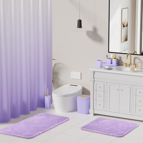 XLHOMO Bathroom Set - Purple Bathroom Sets with Shower Curtain and Rugs, 24PCS Shower Curtain Set with Hooks, Soap Dispenser, Soap Dish, Toilet Brush Holder and Trash Can for Housewarming - color: Purple and Gold, size: Bathroom Set+Shower Curtain+Bath Ru