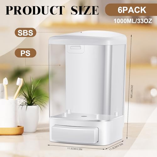 Hushee 6 Pcs Plastic Wall Mounted Soap Dispenser Commercial Manual Soap Dispenser Containers for Kitchen Shower Hotel(White,33.8 oz 1000ml) - color: White, size: 33.8 oz 1000 ml