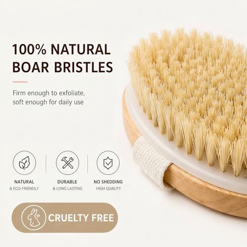 Zeutch Premium Dry Brushing Body Brush Set for Lymphatic Drainage and Cellulite Treatment, Boar Bristle Long Handle Face Cleansing Brush for A Glowing Skin, 5 Pack