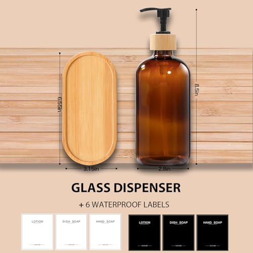 Amber Glass Soap Dispenser with Bamboo Pumps&Tray&Labels, Hand Dispenser, Lotion Dispenser, Dish Soap Dispenser for Kitchen Sink. (Amber) - color: Amber
