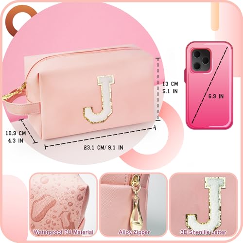 Personalized Initial Makeup Bag with Handle, Preppy Cosmetic Bag with Inner Zipper Pocket, 8 9 10 11 12 13 14 Years Old Girl, Graduation Gifts for Teen Girls Women Teachers (J, Pink) - color: Pink, style: J