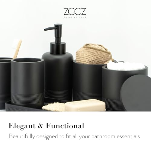 ZCCZ Black Matte Bathroom Accessories Set 6 Pieces - Toothbrush Holder, Lotion Dispenser, Qtip Container, Vanity Tray, Tumbler - Countertop Organizer for Bathrooms - Elegant and Functional Décor Set - color: Black Matte, size: 6pcs
