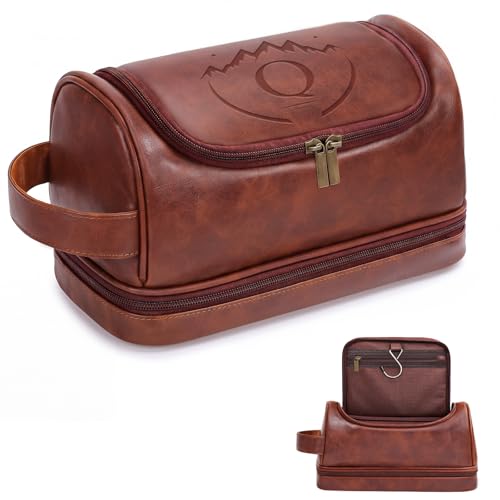 Customized Gifts Travel Leather Toiletry Bag for Mens, Engraved Name Initial PU Leather Waterproof Large Shaving Bag with Hooks, Unique Birthday Gifts for Him Men Dad Son Brother,Q - style: Q