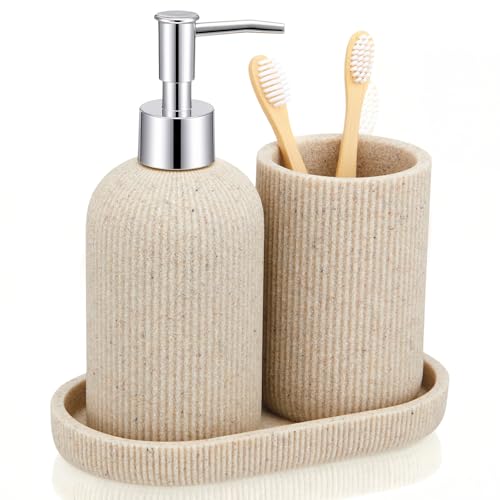 Beige 3 Pcs Toothbrush Holder, Soap Dispenser and Toothbrush Holder, Stripes Decorative Tray Set, Vanity Tray for Bathroom, Frosted Farmhouse Decor