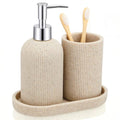 Beige 3 Pcs Toothbrush Holder, Soap Dispenser and Toothbrush Holder, Stripes Decorative Tray Set, Vanity Tray for Bathroom, Frosted Farmhouse Decor