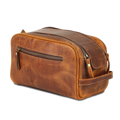KomalC Travel Toiletry Bag – Premium Leather Dopp Kit for Men & Women with Water-Resistant Lining & Spacious Zippered Organizer - style: 1 Zip Classic Tan