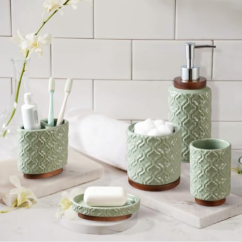 RQYIXI Elegant 5 PCS Ceramic&Wood Bathroom Accessories Set:Soap Dispenser,Toothbrush Holder,Tumbler,Soap Dish,Cotton Swab Jar,Easy to Clean,Quatrefoil Pattern,Green-Affordable Home Luxury - color: Green-5pcs