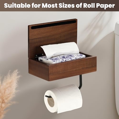 Toilet Paper Holder with Acacia Wood Shelf - Wall Mount & Self-Adhesive Bathroom Tissue Roll Holder, Black Stainless Steel with Storage - Home Apartment Restroom - color: Walnut & Matte Black Storage