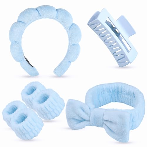7 Pcs Spa Set, Facial Headband and Wristband Set, Skincare Accessories, College Style Girl Idea Gifts, Hair Accessories for Women and Girls (Blue) - color: Blue