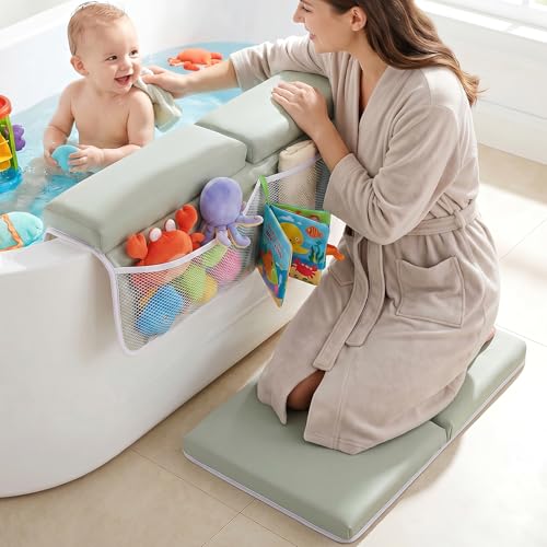 Baby Bath Kneeler and Elbow Rest Pad Set, Extra Large Memory Foam Kneeling Pad with 4 Toy Storage Pockets, Non-Slip Foam Mat with Suction Cups, Relief for Aching Knees & Elbows - Grey