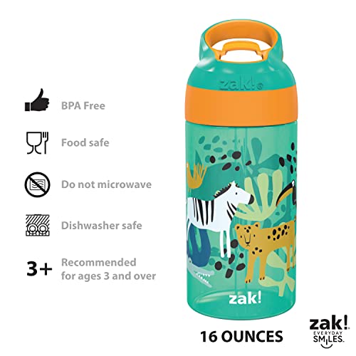 Zak Designs 16oz Riverside Kids Water Bottle with Spout Cover and Built-in Carrying Loop, Made of Durable Plastic, Leak-Proof Water Bottle Design for Travel (Dino Camo & Safari, Pack of 2) - color: Dino Camo & Safari