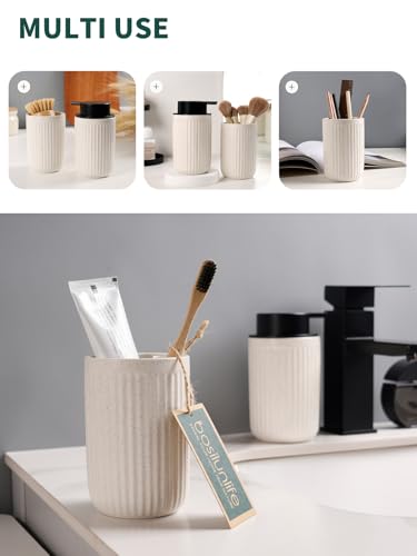 Bosilunlife Soap Dispenser and Toothbrush Holder Set - Dish Hand Soap Dispenser Bathroom Set Ceramic Bathroom Counter Soap Toothbrush Holder Set Beige Bathroom Accessories Set - color: Beige Cylinder Stripes Liquid Pump & Toothbrush Holder