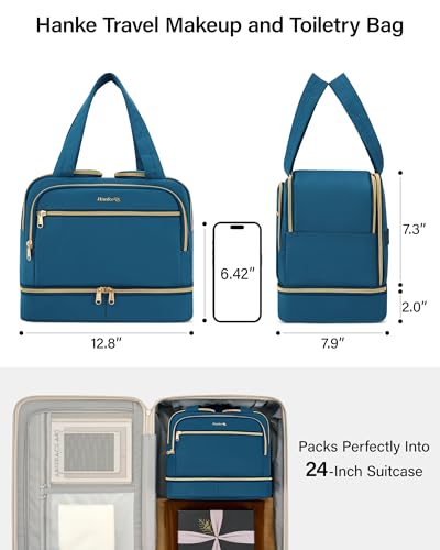 Hanke Travel Toiletry Bag, Lightweight Wide-open Large Toiletry Bags for Women, Dual-Layer Makeup Bag Water-Resistant Cosmetic Travel Bag with Handle for Accessories, Essentials, Navy Blue - color: Navy Blue