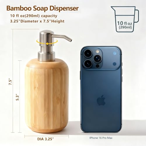 Round Bamboo soap and Lotion Pump Dispenser Bottle (10OZ/290ML) | Soap dispenser for kitchen and bathroom hand sanitizer, shower gel, shampoo