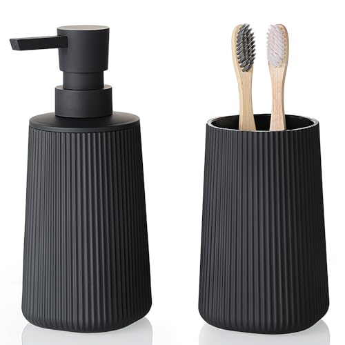 YAUKPH Bathroom Accessories Set 2 Piece Soap Dispenser and Toothbrush Holder for Bathroom Countertop Striped Black - color: Striped Black