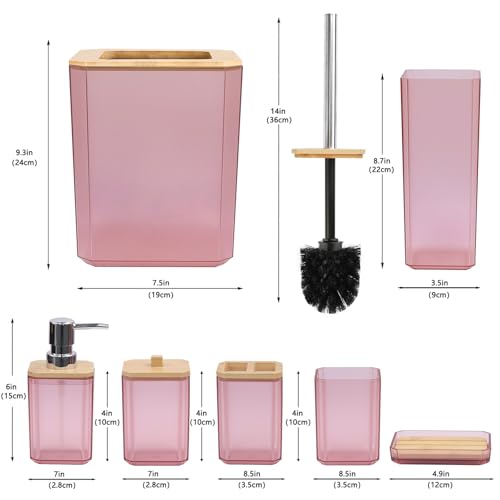 CERBIOR Bathroom Accessories Set 7 Piece Bath Ensemble Includes Soap Dispenser, Toothbrush Holder, Toothbrush Cup, Soap Dish for Decorative Countertop and Housewarming Gift (Pink) - style: Pink