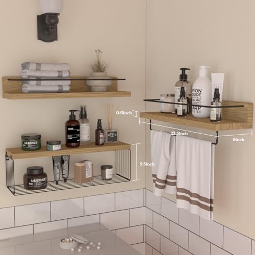 PopiShelves 22.5 inches Bathroom Shelves Over Toilet for Wall, Floating Shelves with Storage Basket Paper Holer for Kitchen Living Room, Bedroom & Classroom, Set of 3 (Nature Wood) - color: Nature Wood, size: 22.5"