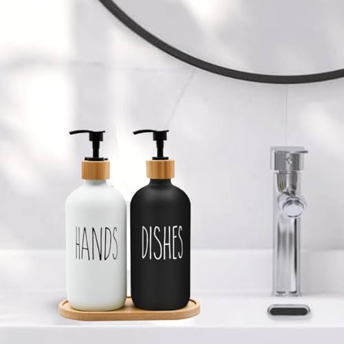 Glass Soap Dispenser Set, 16 OZ Hand and Dish Soap Dispenser Set with Bamboo Tray Modern Farmhouse Kitchen