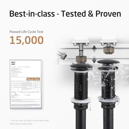 KES Bathroom Sink Drain with Extended Thread, All Metal Pop Up Drain Stopper without Overflow for Thicker Vessel Sinks and Countertops, Brass and Stainless Steel Matte Black, S2022D-BK - color: Matte Black, style: NO Overflow, Long Thread