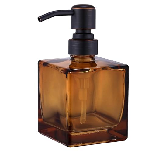 Square Bathroom Soap Dispenser Amber Bottle with Oil Rubbed Bronze Pump, Retangle Cube 8.4 oz Glass Bottles with Stainless Steel Pump Hand Liquid Soap Dispenser Kitchen - color: Amber and Oil Rubbed Bronze Pump, size: 8.4oz-Square