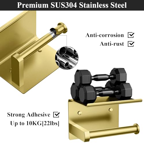 Tindbea Toilet Paper Holder Wall Mount + Towel Robe Hooks, Adhesive or Screw Wall Mounted Toilet Paper Roll Holder with Shelf, Stainless Steel Bathroom Organizers and Storage Kit (Brushed Gold) - color: Brushed Gold, size: Regular