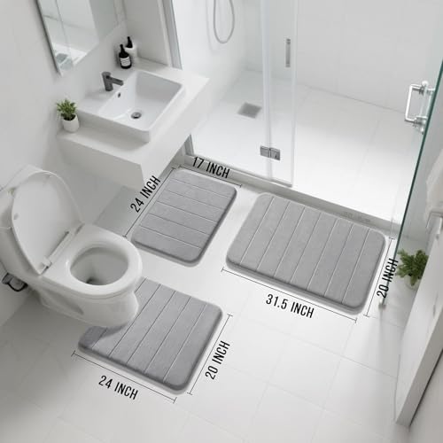 Yimobra Memory Foam Bath Mat Set 3 Pieces- Super Soft Absorbent Quick Dry Bathroom Rug Sets, Machine Washable Non Slip Floor Carpet for Tub Shower, Vanity & Toilet Base, Gray - color: Grey, size: 31.5''x20'' +17''x24'' + 24''x20''