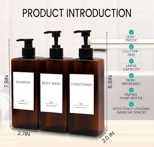 Shampoo and Conditioner Dispenser Set, 3Pack Refillable Shampoo and Conditioner Bottles with Labels, 500ml Soap Dispenser 16.9oz Shower Dispenser Square Pump Bottle for Bathroom and Kitchen - Amber - color: Amber - 3pack 16.9oz