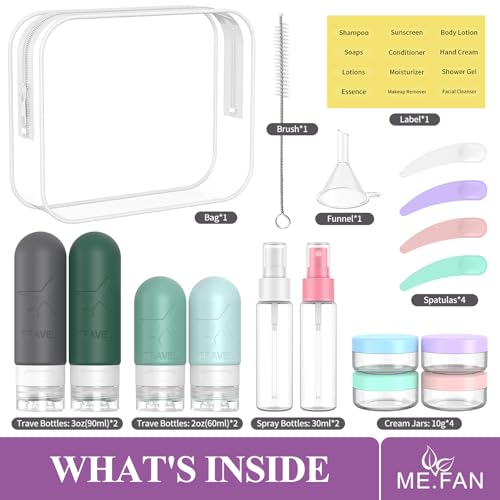 ME.FAN Travel Bottles for Toiletries, 18 Pack TSA Approved Travel Size Containers Set, Silicone Squeezable Portable Split Bottle, Travel Accessories for Conditioner, Shampoo, Lotion - Blue - color: Blue