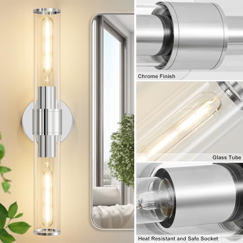 Hardwired Chrome Bathroom Vanity Light Clear Glass Wall Sconce | Up & Down Bidirectional Lighting, Damp Rated For Bathrooms, Dimmable, Rustproof Metal, 3-Year Manufacturer Warranty - color: Chrome-A