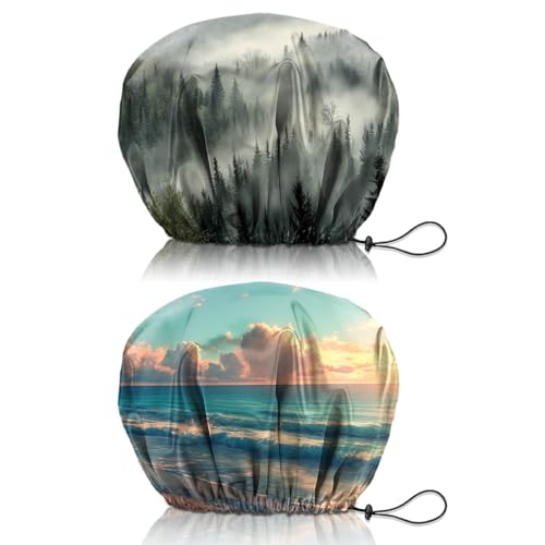 2 PCS Shower Cap Reusable Waterproof Double Layers Hair Caps Shower Bath Adjustable Elastic Hat for Women Girls Cute Aesthetic-Forest Beach - color: AI10-Forest Beach