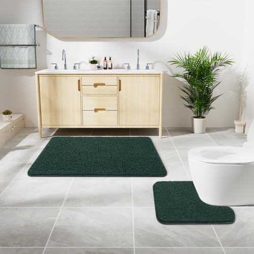 LOCHAS Bathroom Rugs Sets 2 Piece, Soft Non Slip Bath Mat Set, 20''x20'' U-Shaped Toilet Rug and 34''x21'' Hunter Green Bath Rugs, Washable Absorbent Chenille Toilet Rug Set for Bathroom, Shower - color: Hunter Green