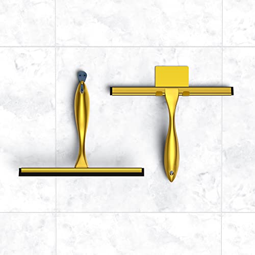 Shower Squeegee and Window Squeegee, Stainless Steel, 100% Streak-Free, Cleaner for Bathroom Showers Glass Doors, Home Mirrors, Car Windows Wiper, Adhesive Holder, Shower Door Hook, 10 Inch, Gold - color: Gold, size: 10-Inch