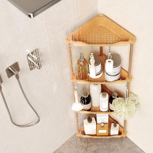 Orimade Rustproof 4 Tier Floor Standing Corner Shower Caddy Organizer, Plastic Aluminum Splicing Floor Corner Shelf Rack Storage Stands for Bathroom, Wood Grain Surface - color: Wood Grain-aluminum, size: 4 Tier