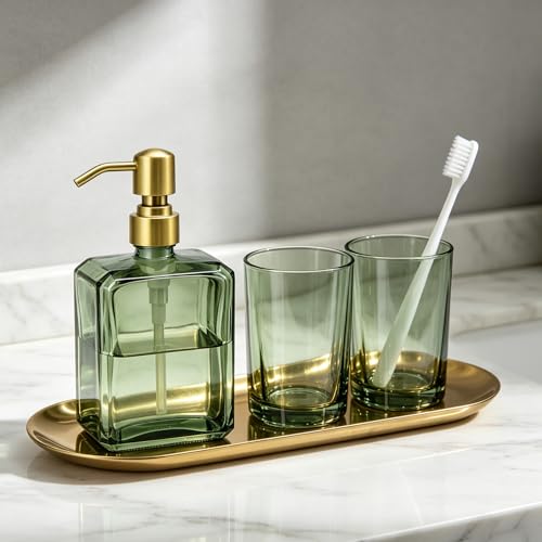 Green Glass Soap Dispenser Square 13.5 oz Hand Soap Dispenser | Rectangular, Rust Proof Stainless Steel Pump, Refillable, For Bathroom Vanity & Kitchen Countertop - color: Green Bottle and Brushed Gold Pump, size: 13.5oz-Square
