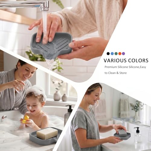 MicoYang Silicone Soap Dish with Drain Spout, Self-Draining Sink Organizer Tray for Bathroom and Kitchen, Sponges, Dispensers and Soap Holder, Non-Slip and Dishwasher Safe, Grey (Compact, 4.9"×3.2") - color: Grey, size: S(4.9"×3.2")