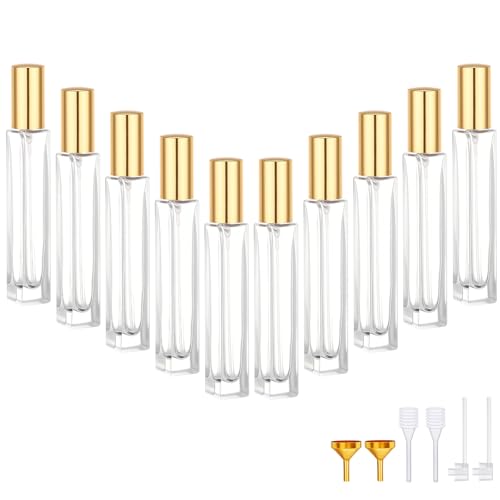 Segbeauty 0.34oz Clear Glass Fine Mist Sprayer for Perfume Refill, 10pcs Mini Empty Glass Perfume Spray Bottle with Gold Cap, 10ml Refillable Travel Cologne Bottles, Small Liquid Cologne Atomizer Set - color: Clear, style: Bulk Mini Bottles