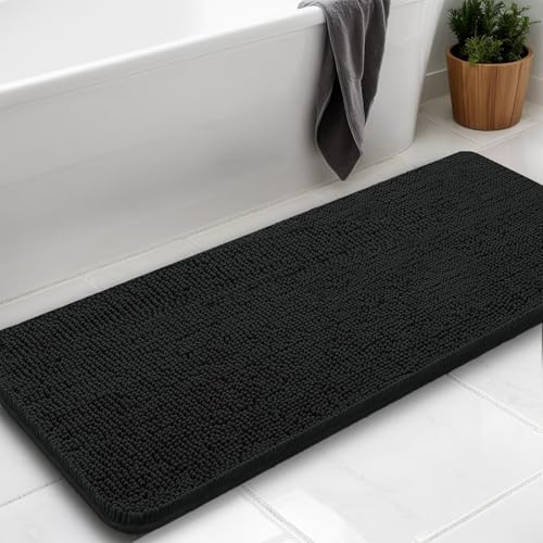 Chenille Bath Rug Runner, Ultra Soft Absorbent Bathroom Mat, Non-Slip PVC Backing, Machine Washable, 59x20, Black - color: Black, size: 1'8" x 4'11" (59"x20")