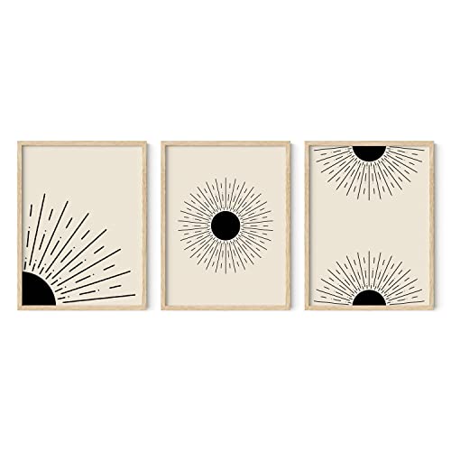 HAUS AND HUES Boho Wall Art - Set of 3 Minimalist Celestial Decor, Bedroom Wall Decor Above Bed, 3 Piece Framed Art, Black and White Abstract Art, Sun Prints (Beige Frame, 12x16) - color: Black Sun Rays, size: 12"L x 16"W, style: Beige Framed