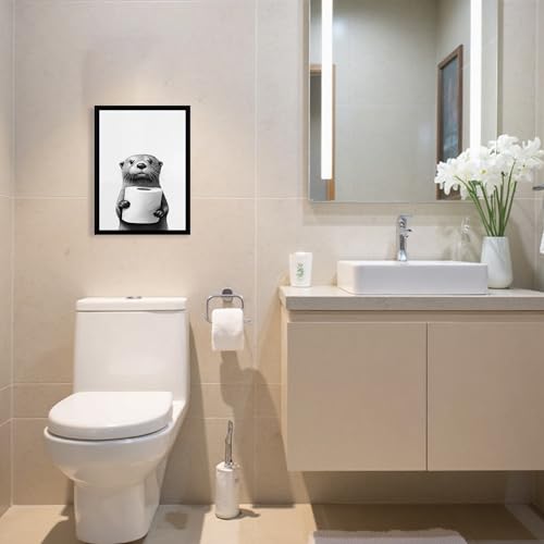 Urmoya Otter Holding Toilet Baper Funny Bathroom Decor Wall Art 12x16 in | Wood frame, Black and white bathroom decor, Otter with toilet roll print, Canvas print, Ready to hang - color: Otter, size: 16"L x 12"W