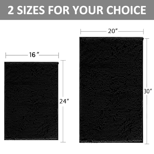 RUN HELIX Bathroom Rugs Set 2 Piece Thick Chenille Bath Mats, Soft Quick Dry Plush Absorbent Bath Rugs with Non-Slip PVC Backing, 32x20+24x16 Inch Black - color: Black, size: 32"L x 20"W + 24"L x 16"W