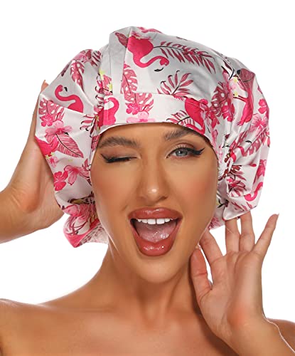 HIUMI Shower Cap for Women, Large Shower Cap for Long Hair Cute Reusable Shower Caps Waterproof Bath Cap(Pink) - color: pink