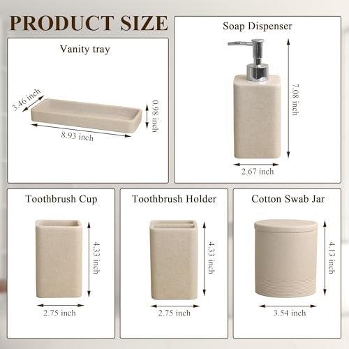YMXYJM Bathroom Accessories Set, 6 Piece Bathroom Set with Toothbrush Holders, Soap Dispenser, Vanity Tray, Tumbler, Cotton Swab Jars, Bathroom Organizer，Bathroom Sink Sets, Stone Beige - color: Beige