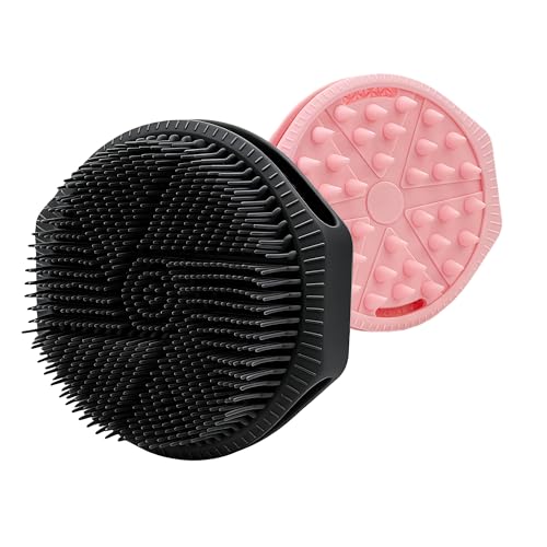 Silicone Body Scrubber for Men Women, Dual-Sided Bath Brushes Gentle Exfoliating Body Scrubber Scalp Massager for Deep Cleansing, Soft Silicone Loofah Body Washing Brushes (Black+Pink) - color: Black+pink