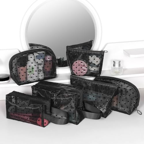 6 Pieces Zipper Mesh Makeup Bags Set, Nylon Cosmetic Bags Portable Clear Toiletry Bas Travel Organizer Bags for Office Travelling Organization (Black Heart Printed, Assorted Size) - color: Black Heart Printed