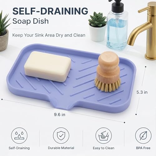 MicoYang Silicone Soap Dish with Drain Spout — Self-Draining Sink Organizer Tray for Bathroom & Kitchen, Sponges, Dispensers & Soap Holder, Non-Slip & Dishwasher Safe, Light Purple (Medium, 9.6"×5.3") - color: Light Purple, size: M(9.6"×5.3")