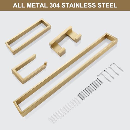 Lairuier Bathroom Hardware Accessories Set, Brushed Gold 4-Piece Bathroom Hardware Set Including Towel Bar,Towel Holder, Toilet Paper Holder, Towel Hook, Stainless Steel Bath Towel Bar Set - color: Brushed Gold, size: Set B
