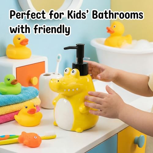 BOPPIE Cartoon Ceramic Soap Dispenser, Modern Countertop Hand & Dish Soap Dispenser for Bathroom/Kitchen for Kids, Refillable Liquid Soap Bottle with Rust Proof Pump (Ceramic Alligator) - color: Ceramic Alligator