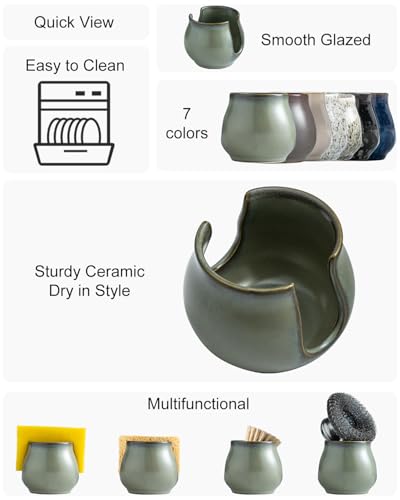 Zoeeker Sponge Holder for Kitchen Sink, Ceramic Dish Sponge Caddy Drying Rack Farmhouse Brush Holder Scrubby Organizer for Bathroom, Kitchen, Dark Green - color: Dark Green, size: Barrel-type